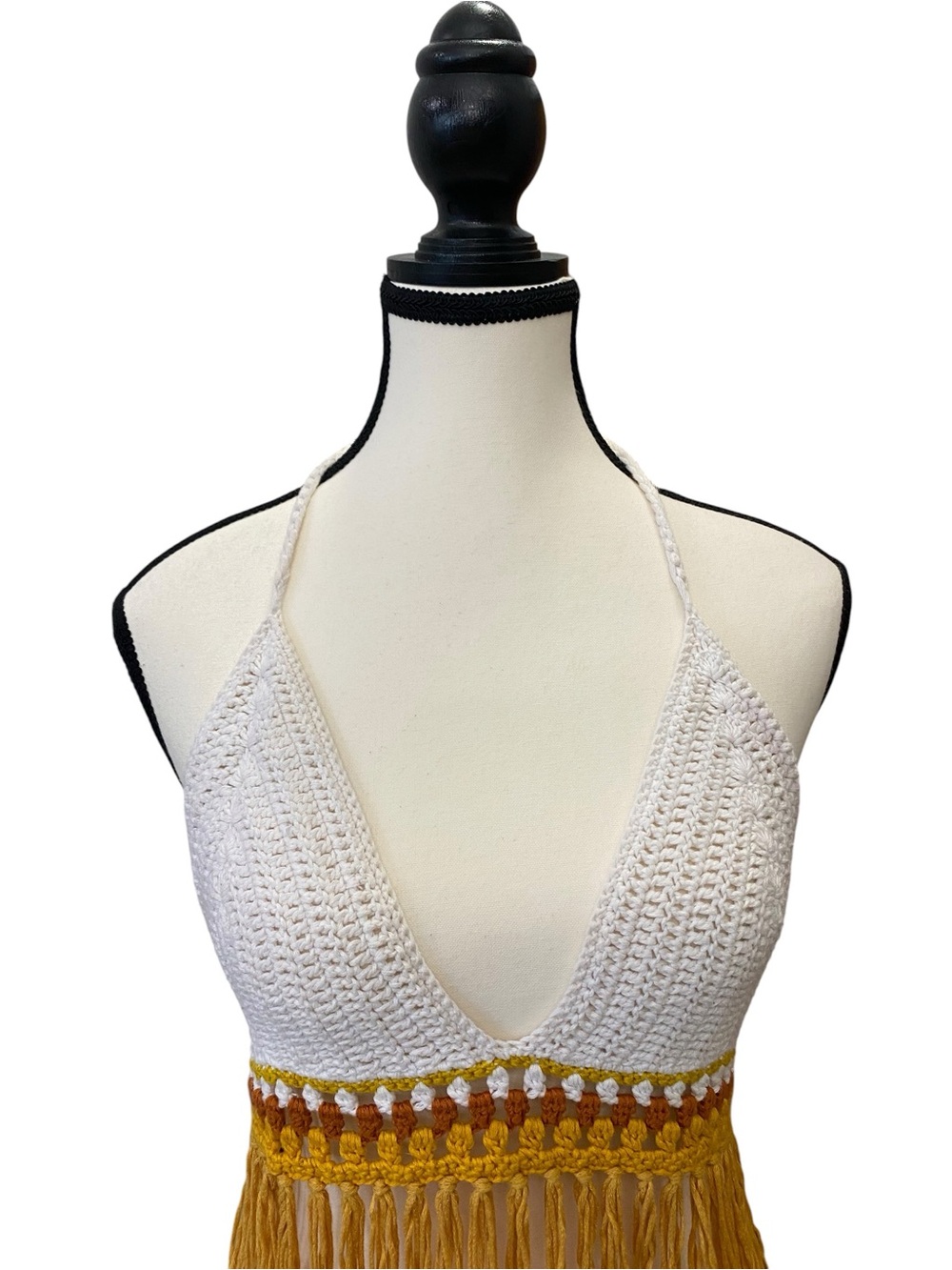 Crochet Fringe Halter Top in White and Mustard - Picture 4 of 6